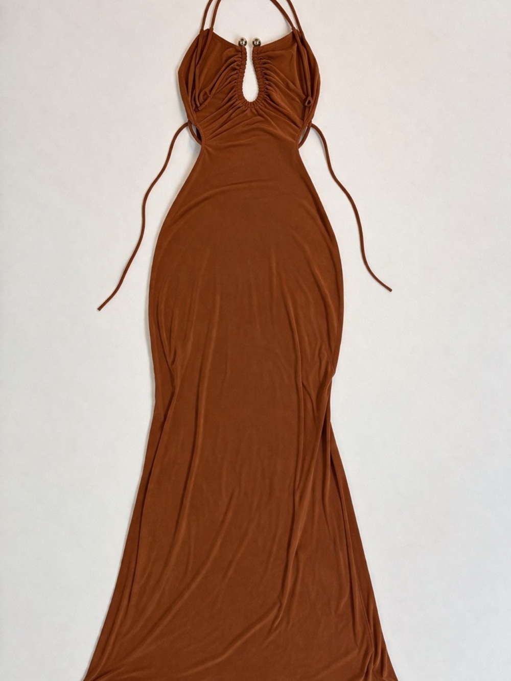 Fashion Nova Maxi Dress Brown Keyhole Ruched Strappy Solid Tie XS